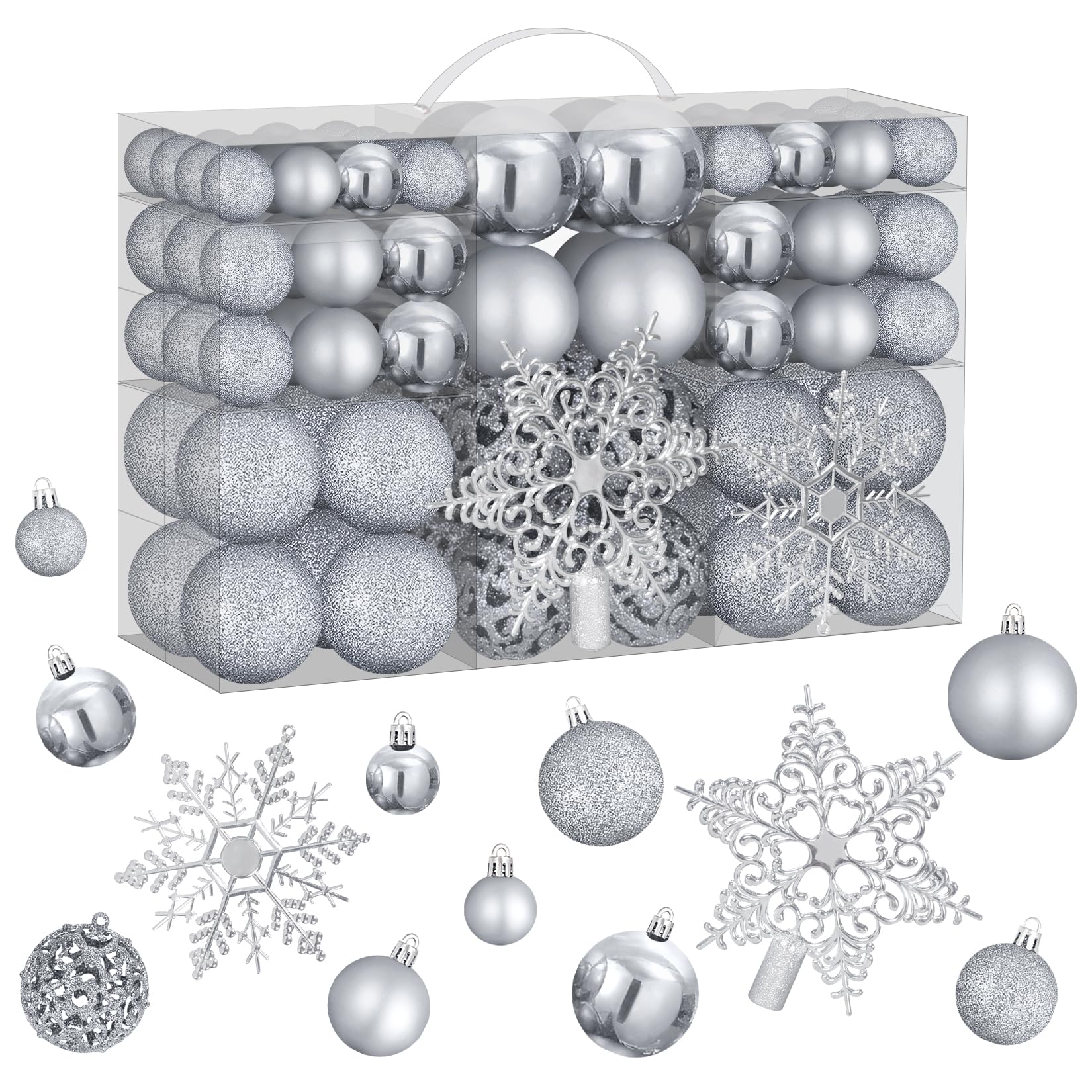 Photo 1 of 102Pcs Silver Christmas Ornaments,Shatterproof Christmas Ornaments with Reusable Hand-held Gift Package, Christmas Tree Decorations for Xmas Holiday Wedding Party and Home Decor
