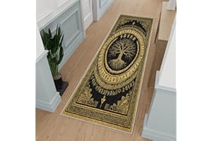 Tree of Life Runner Rug 2x5, Viking Celtic Runner Rug for Hallway, Black Gold Carpet, Non Slip Washable Runners for Hallways 