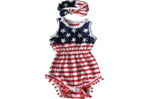 Qin.Orianna 4th of July Toddler Baby Girl American Flag Tassel Romper with Headband