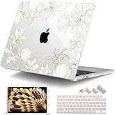 DONGKE Compatible with M4 MacBook Air 15 inch Case 2025 2024 2023 A3241 A3114 A2941 M3 M2 Liquid Retina Display Touch ID, Plastic Hard Case & Keyboard Skin & Screen Protector - Golden Floral