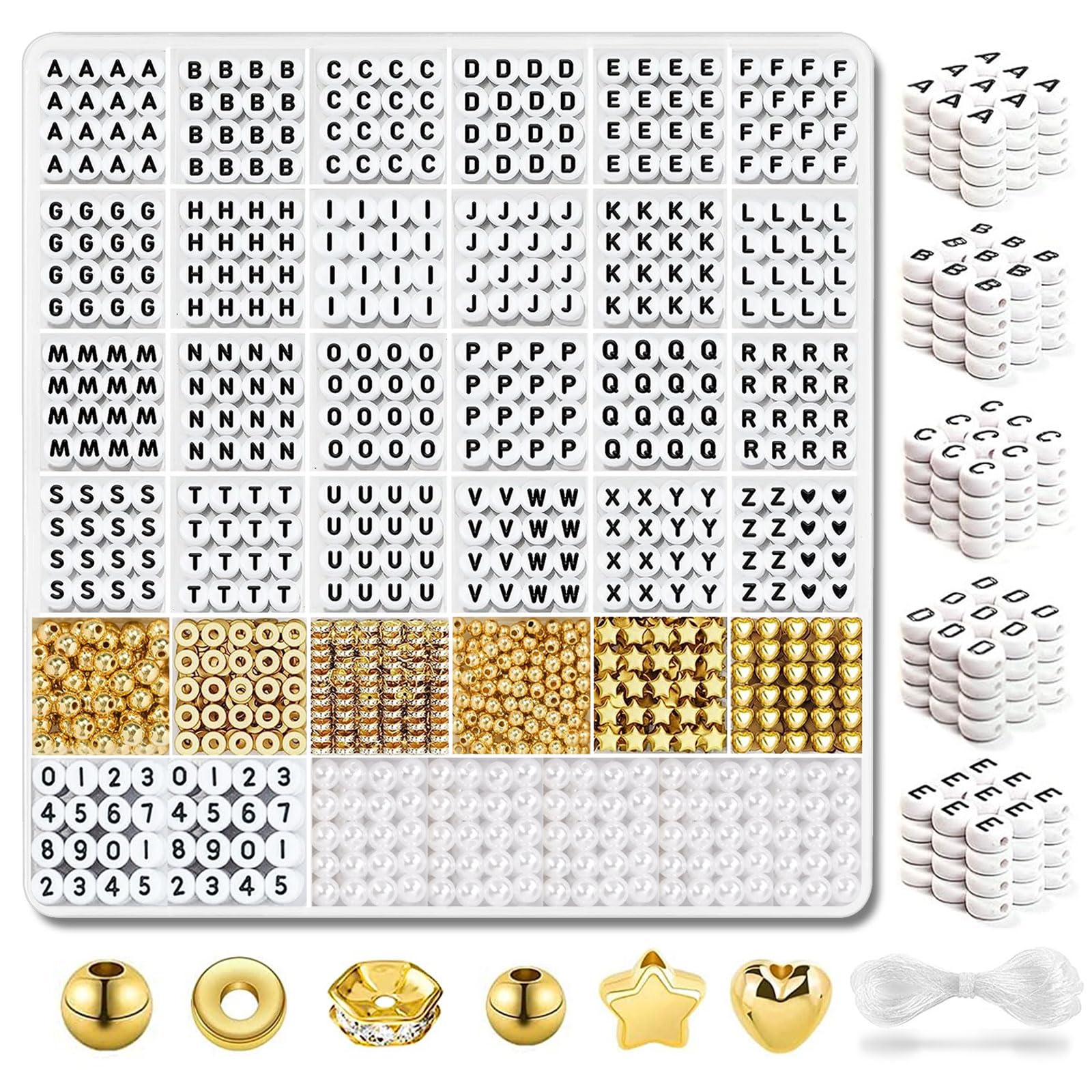 Photo 1 of 2080 Pcs White Round Letter Beads with Gold Spacers for Bracelets & Keychains, Alphabet Beads Kit with Accessories DIY Crafts for Women & Girls