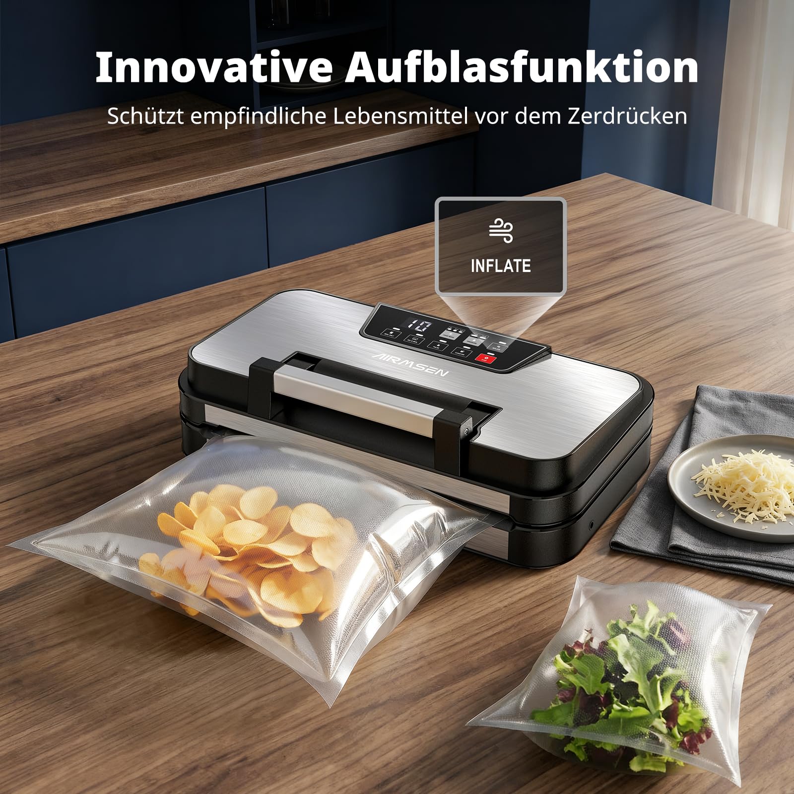 AIRMSEN 95 kPa Vakuumiergerät mit Aufblasfunktion, 120W Profi Vakuumierer für Trockene & Feuchte Lebensmittel, Inkl. Rollenfach, Cutter & Schlauch, 2x3mm Doppelschweißnaht 4
