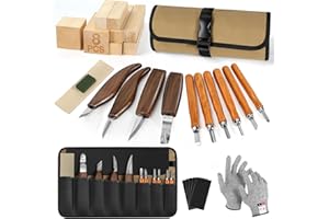 Wood Carving Tools Kit, Wood Whittling Set with Leather Case - Woodworking Knives with Basswood Blocks, Hobby Gift for Adults