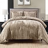 Fredsure Crinkle Velvet Comforter Set, 3 Pieces Khaki Queen, Crinkle Velvet Face and Brushed Microfiber Reverse