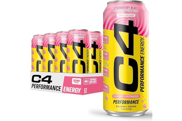 C4 Performance Energy Drink | Strawberry Blast | Zero Sugar Carbonated Preworkout Energy | 200mg Caffeine with Beta Alanine |