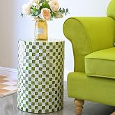 Chi An Home 19.3&rdquo; Capiz Shell Checkered Pistachio Green Side Table | Capiz Decorative Indoor Cylinder Green Drum End Table, Green Accent Table For Living Room, Eclectic Nightstand For Bedroom
