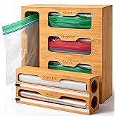 YOLYN Bamboo Food Storage Bag Organizer for Drawer with Foil & Plastic Wrap Dispenser – 4 in 1 Premium Kitchen Drawer Organizer for Gallon, Quart & Sandwich Bags