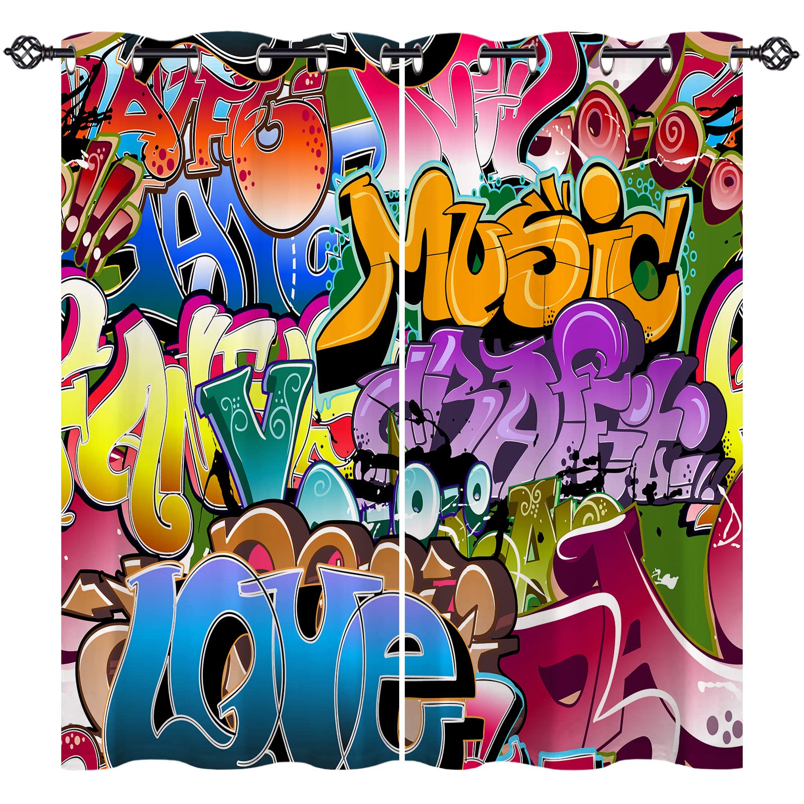 ANHOPE Graffiti Curtains Eyelet 80% Blackout Room Darkening Curtains Hip Hop Hippie Doodle Print Pattern Light Blocking Window Drapes for Kids Boys Girls Bedroom Living Room 46 x 54 Inch Drop 2 Panels