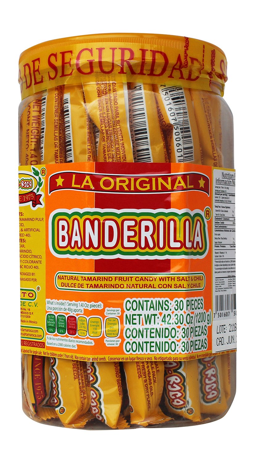 Banderilla Tama-Roca Tamarindo Mexican Candy Sticks. Contains 30 Pieces of Spicy Tamarind Candy With Salt And Chili.