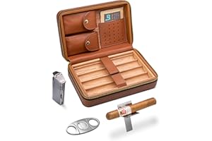 Flauno Cigar Travel Humidor Case, Leather Cigar Case with Cedar Wood Lined, Portable Travel Humidor Box with Cigar Accessories (Cigar Lighter, Cigar Cutter and Cigar Holder)