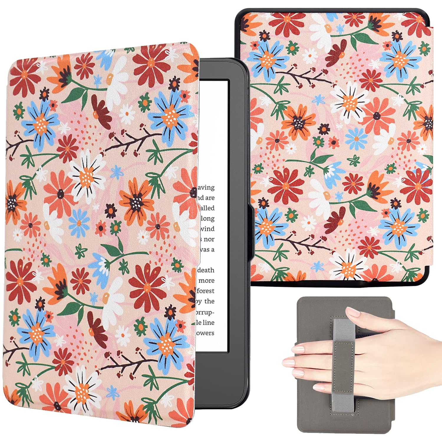 KEROM Case for 6.8" Kindle Paperwhite (11th Generation, 2021) and Kindle Paperwhite Signature Edition, PU Leather Protective Cover Case with Hand Strap, Card Slot, Auto Sleep/Wake - Tangerine Jasmine