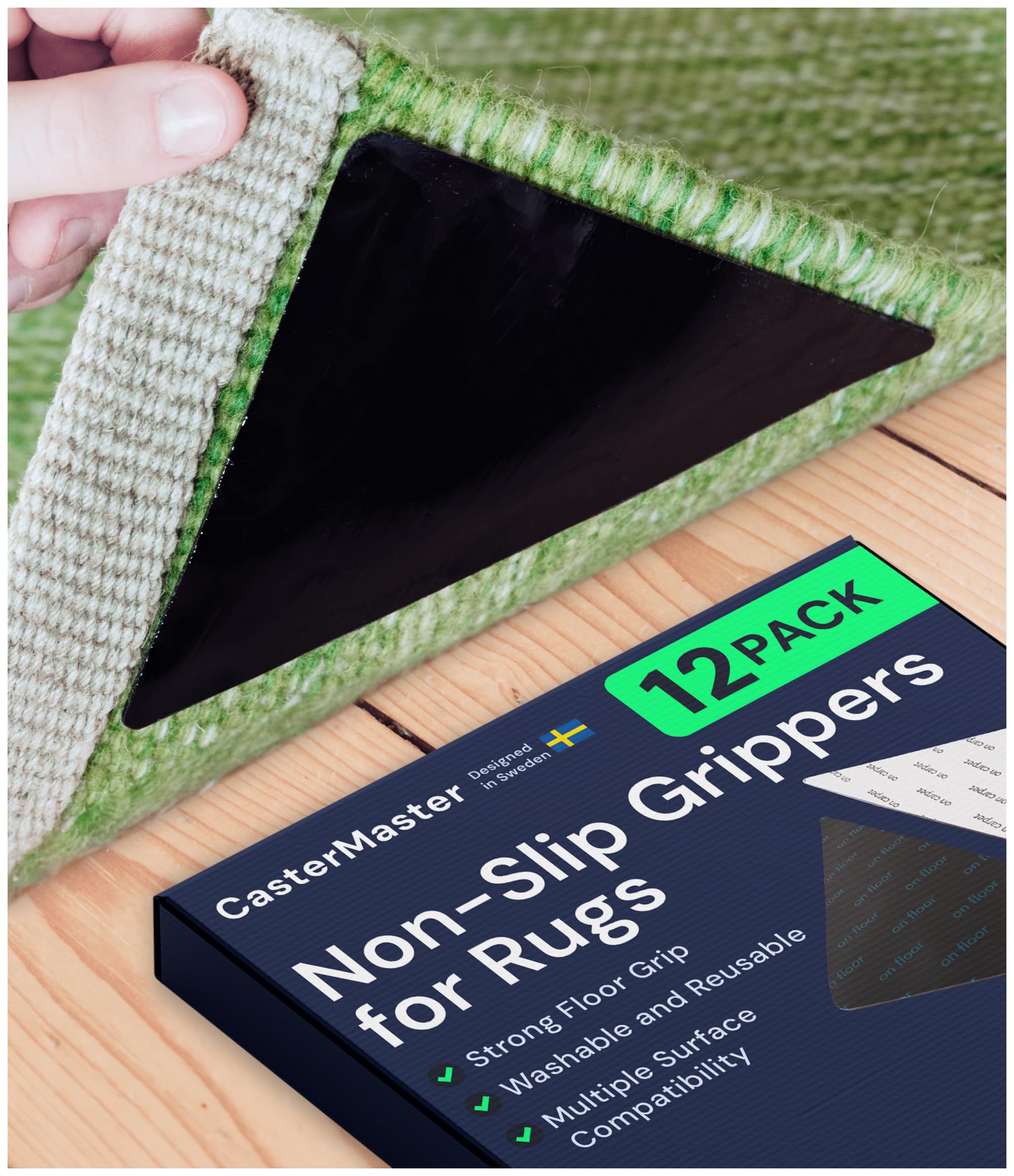 CasterMaster Rug Grippers - 12 Pack Anti-Slip Stickers to Stop Sliding Carpet and Keep Corners in Place, Dual-Sided Adhesive Strips, Non Slip Washable Pads for Area Rugs, Keep Corners in Place