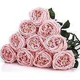 Daifunli 10pcs Real Touch Peonies Artificial Flowers, Faux Austin Rose with Long Stem Look Real Fake Flower for Christmas Valentines Arrangement Wedding Party Home Kitchen Decor(Pink)