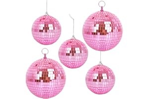 5 Pack Mirror Balls for Disco DJ Club Party Wedding Home Decor, Muscab Disco Ball Ornaments with Hanging Ring, 6 Inch, 4 Inch(Pink)