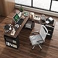 MOUMON Electric Standing Desk with Drawers and Shelves, Executive Adjustable Height Desk, L-Shaped Design, 63 inch Tabletop, for Office Deep Brown and Black (63”W x 63”D x 28.4-45.8”H)
