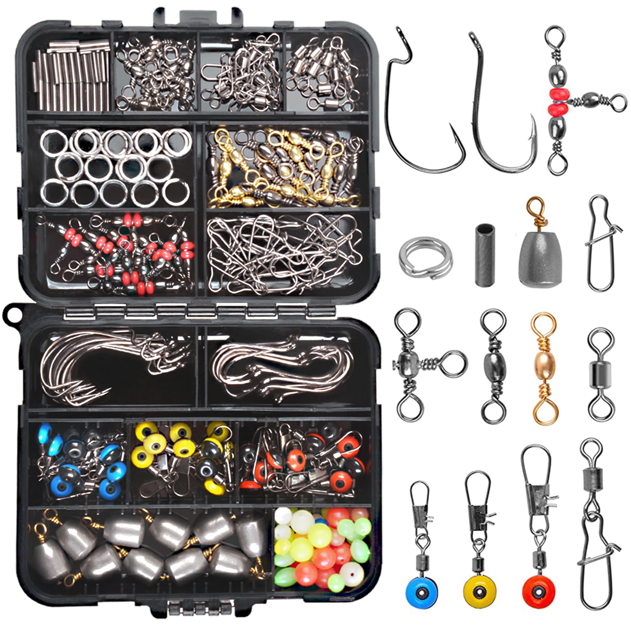 OROOTL Fishing Swivels Snaps Kit 226pcs/Box Fishing Tackle Kit with Hooks Swivels Sinker Weights Split Rings Fishing Beads, Corrosion Resistant for Freshwater Saltwater with Storage Box