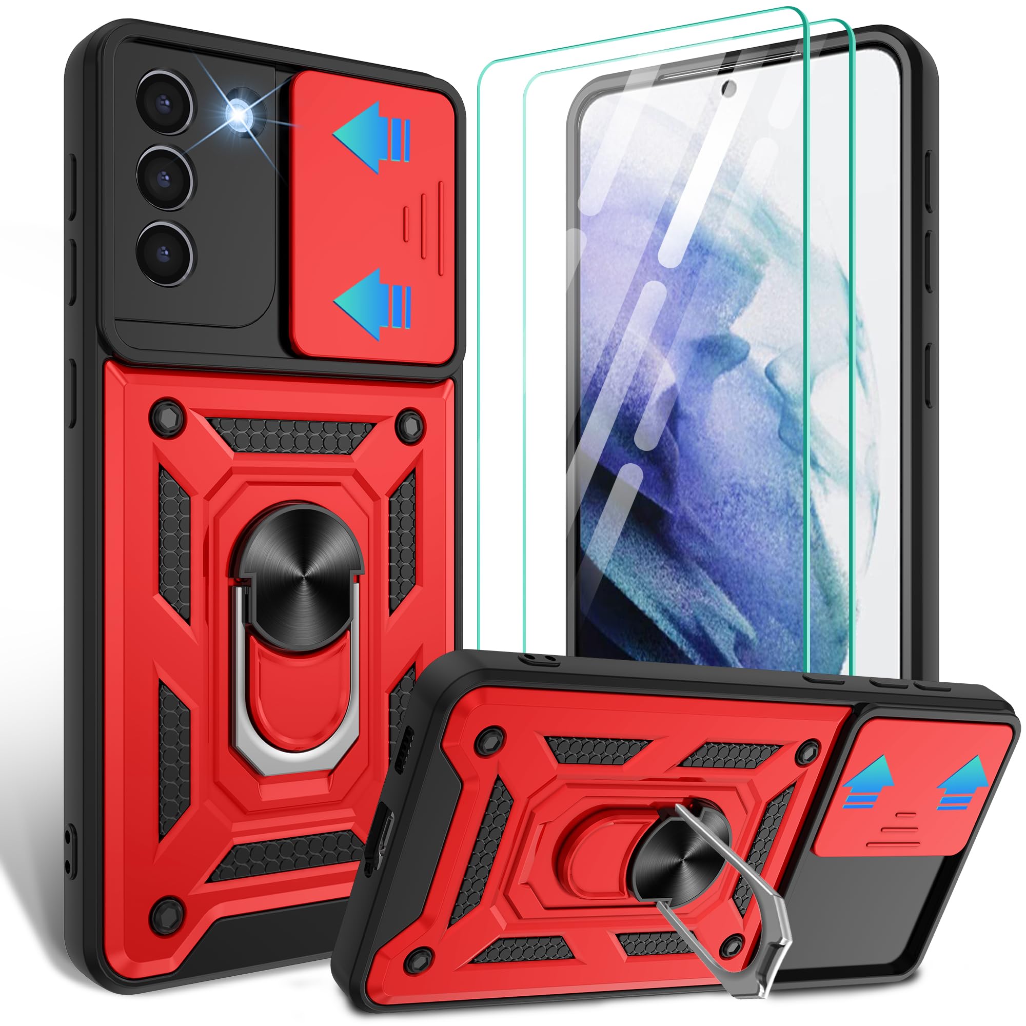 Gritup for Samsung Galaxy S21+ Plus Case with Slide Camera Cover & [HD Screen Protector×2],360°Rotation Ring Kickstand [Military Grade],Red