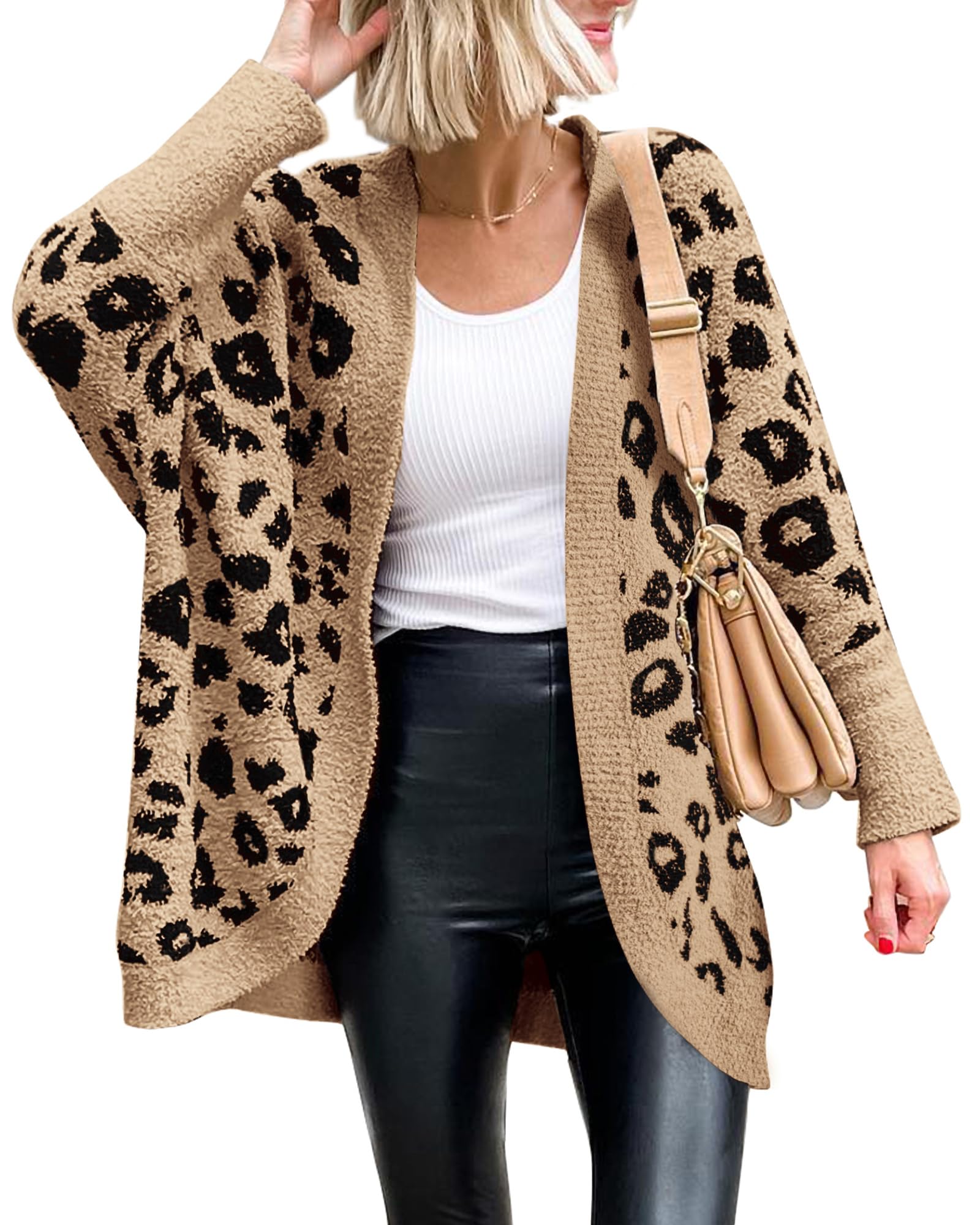 Photo 1 of BTFBM Womens Cardigan Sweaters Long Sleeve Open Front Cardigans Fall Fashion Loose Knit Printed Outwear Spring Coats(Leopard Khaki, Medium)