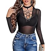 Avidlove Women Long Sleeve Bodysuit Deep V Neck Body Suits Mesh One Piece Leotard Going Out Tops with Sexy Choker