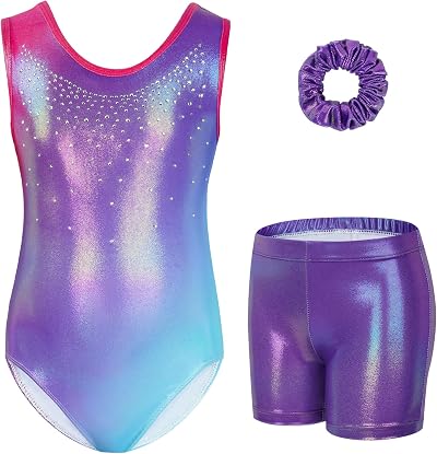 Gogokids Girls Three-Piece Gymnastics Set Leotard Shorts Hairband