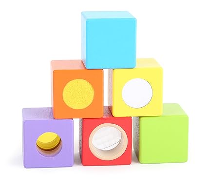 small foot 10636 Holzbausteine kleine Entdecker aus farbenfrohem Holz mit integriertem Sinnesspiel Spielzeug