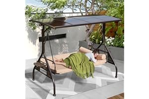 Yalissey 3-Seat Patio Porch Swing with Adjustable Hardtop,3 in 1 Convertible Outdoor Porch Swing for Adults,Patio Swing with Thicken Cushion,Pillows & Cup Holders for Porch,Backyard,Garden (Khaki)