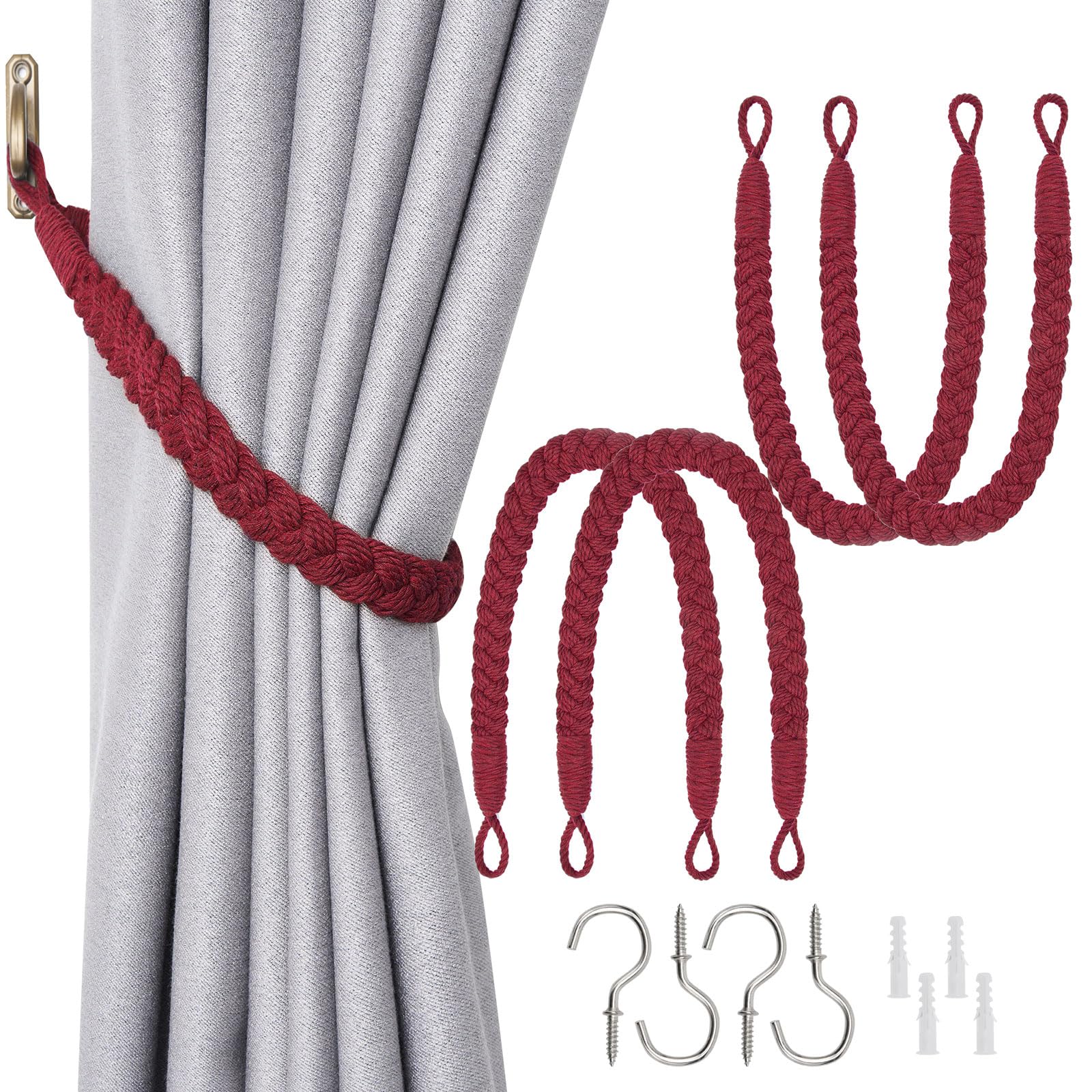Pretty Jolly 4 Pack Natural Cotton Rope Curtain Tiebacks Elegant Boho Style Decorative Drape Tie Backs Soft Hand-Woven Rope Curtain Holdbacks with Metal Hook for Home & Office Drapery (Wine Red) — image 1