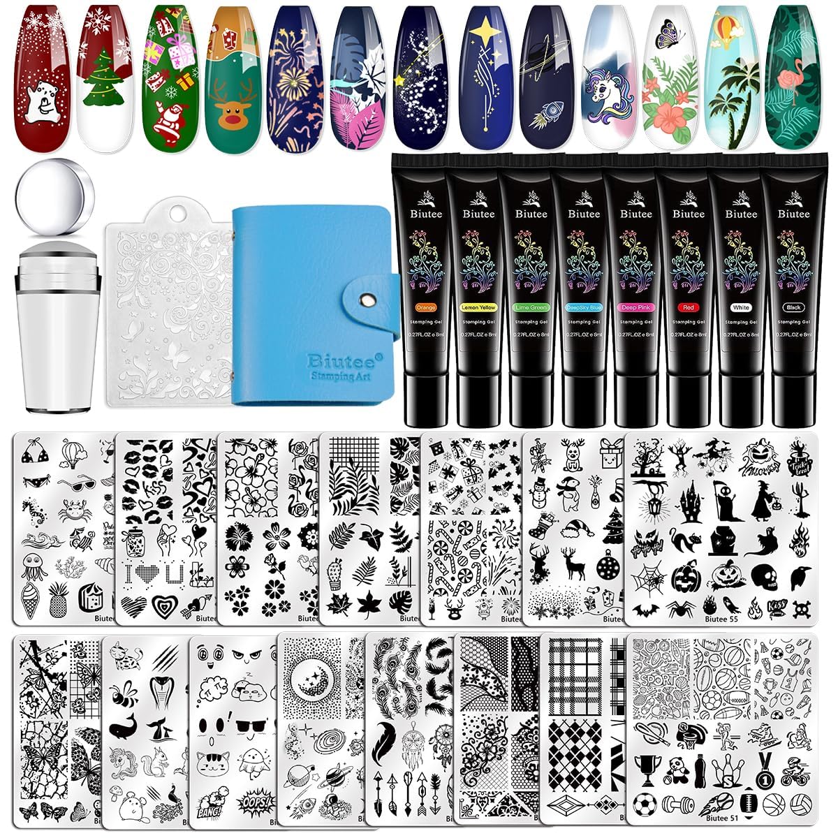 Photo 1 of **** NO FAKE NAILS INCLUDED*** Biutee Nail Stamper Kit 15pcs Nail Art Stamp Plate 8pcs Stamp Gel Polish 1pcs Nail Stamper Scraper Set with Storage Bag, Nail Stamp Template Kit Flower Lace Animal Star Halloween Christmas Design