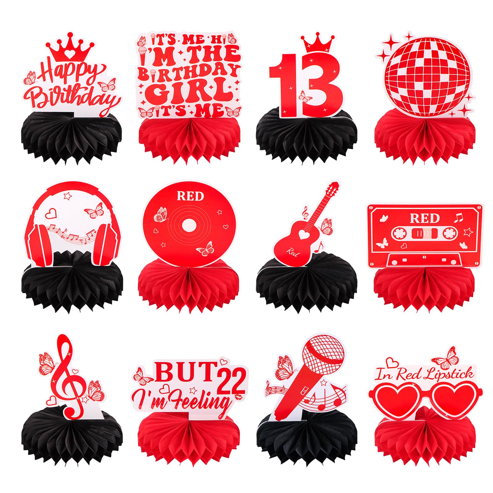 12pcs Red Singer Honeycomb Centerpieces Music Lover Birthday Party Decorations But I'm Feeling 22 Tabletop Centerpieces Its Me Hi Lyrics Table Topper Sign Decorations for Fans Birthday Celebration