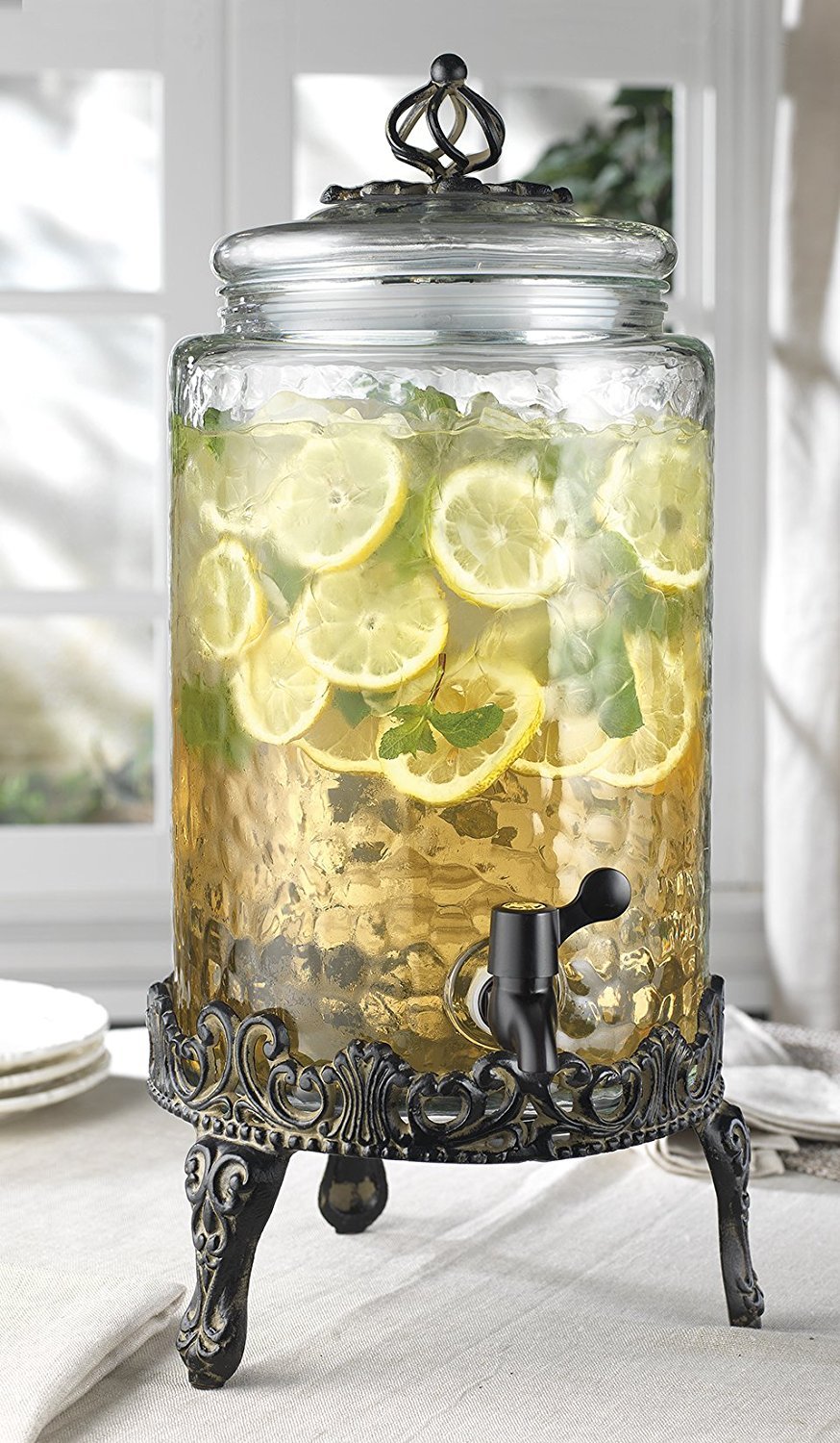 Elegant Home High Quality Hammered Glass Beverage Dispenser - 2.7 Gallon, with Glass Lid and Antique Metal Stand