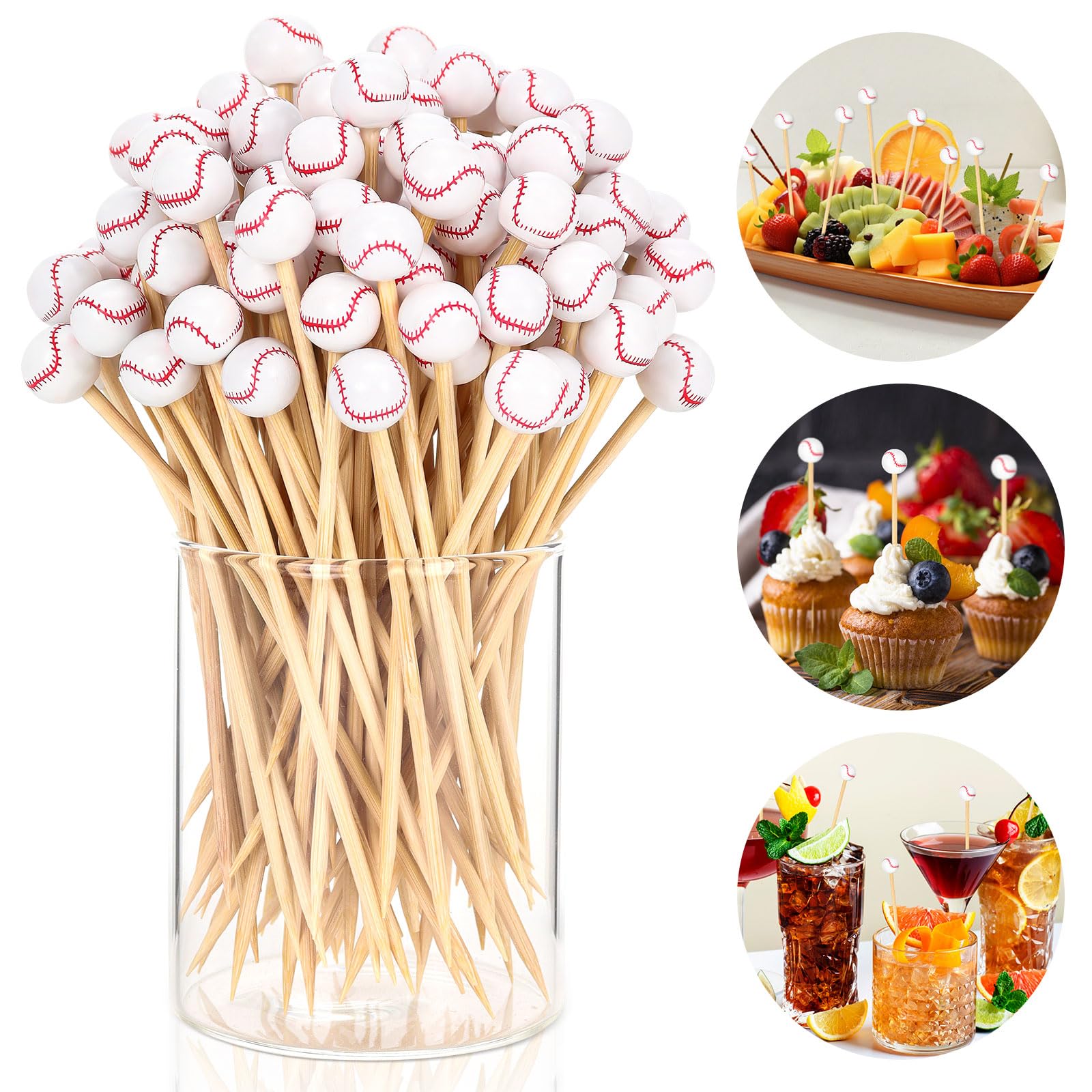 Photo 1 of 100 Pcs Baseball Toothpicks, 4.72 Inch Baseball Cocktail Picks for Appetizers, Long Bamboo Toothpicks, Decorative Toothpicks Skewers for Holiday Birthday Party Decorations (Baseball 3D)