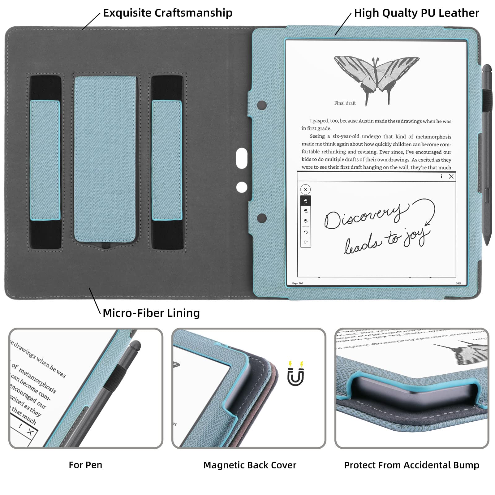 WALNEW Stand Case for Kindle Scribe 10.2 Inch (2024/2022 Released) – Two Hand Straps Premium PU Leather Cover with Auto Sleep/Wake and Pen Holder for Amazon Kindle Scribe Ereader (New Blue)
