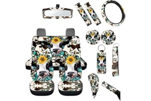 FUIBENG Cow Car Seat Covers Sets14pcs,Sunflower Western Cow Auto Seat Protector Pad+Seatbelt+Steering Wheel Cover+Car Coasters+ Interior Mirror Accessory+Cowhide Keychain for Women Men