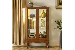 Goujxcy Lighted Curio Cabinet, Modern Floor Standing Glass Curio Cabinet Display Case Cabinet with Adjustable Shelves, Mirrored Back Panel and Tempered Glass Doors for Home/Office (Oak)