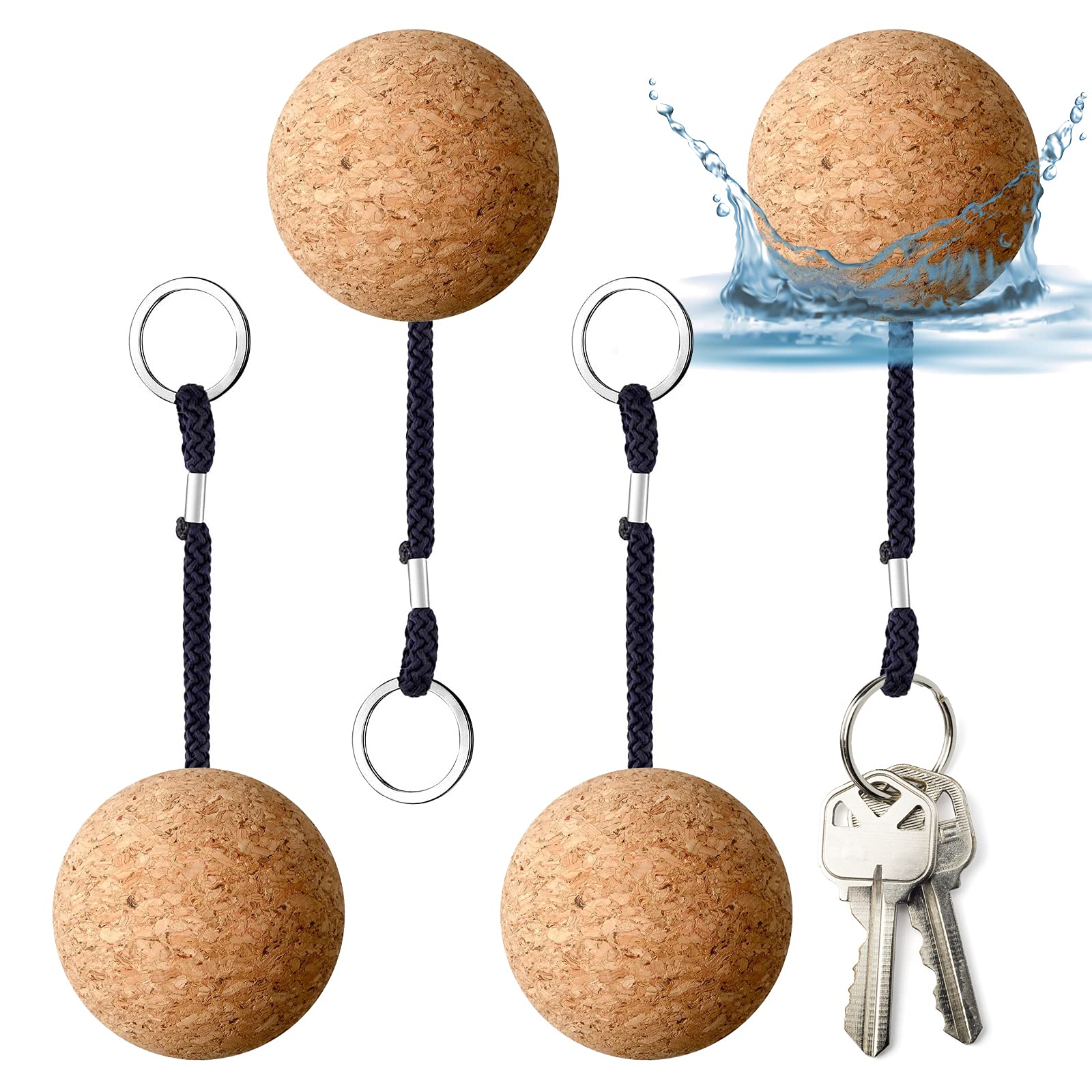 Floating Cork Keyrings, 53mm Floatable Wooden Ball Key Chain Water Buoyant Key Ring Lightweight Water Sports Accessories for Swimming Diving Fishing Canoeing Sailing Kayaking Marine Boat (4 Pcs)