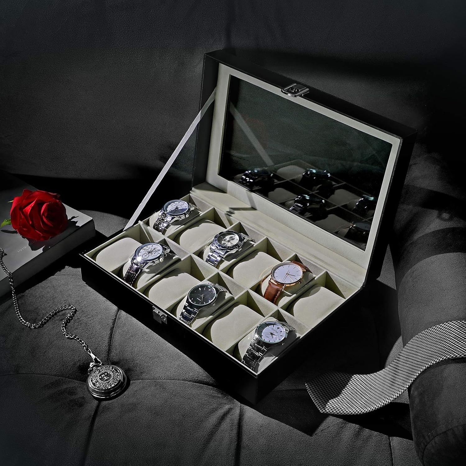 SONGMICS Watch Box with 12 Slots, Watch Case with Glass Lid, Watch Display Box with Removable Watch Pillows, Metal Clasp - Image 3