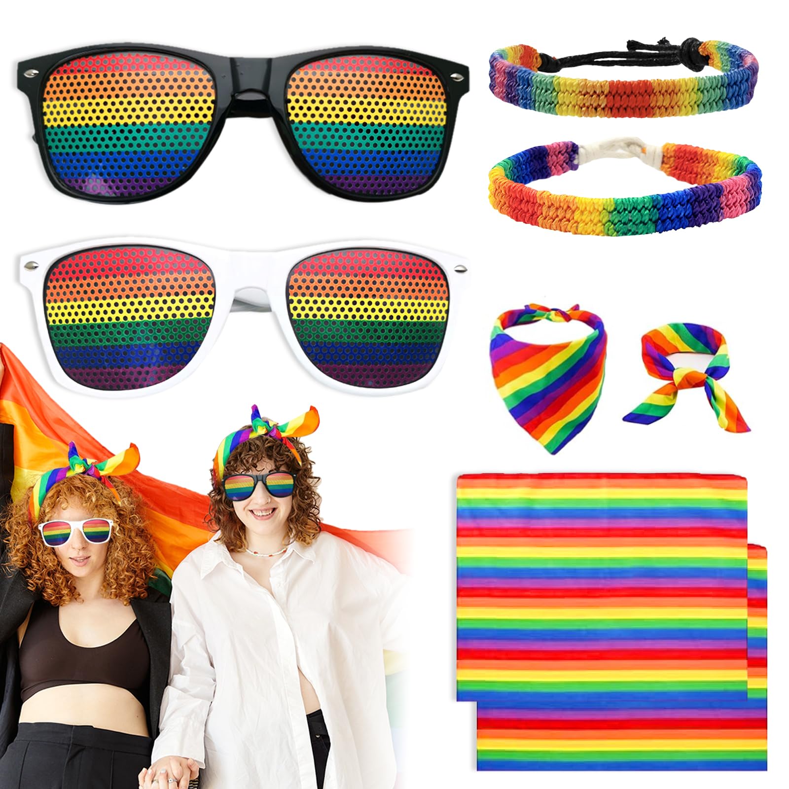 Rainbow Sunglasses Gay Pride Rainbow 6 Piece Gay Pride Rainbow Accessories Set Includes Rainbow Bracelet Rainbow Square Scarf Hippie Rainbow Sunglasses for Gay Pride Celebration Party Supplies