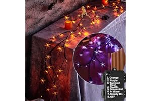LITBLOOM Lighted Black Glittered Garland with 48 Orange and Purple Bi-Color Lights, Halloween Garland with Lights 8 Functions 6FT Battery Operated for Home Party Halloween Decoration Indoor Outdoor