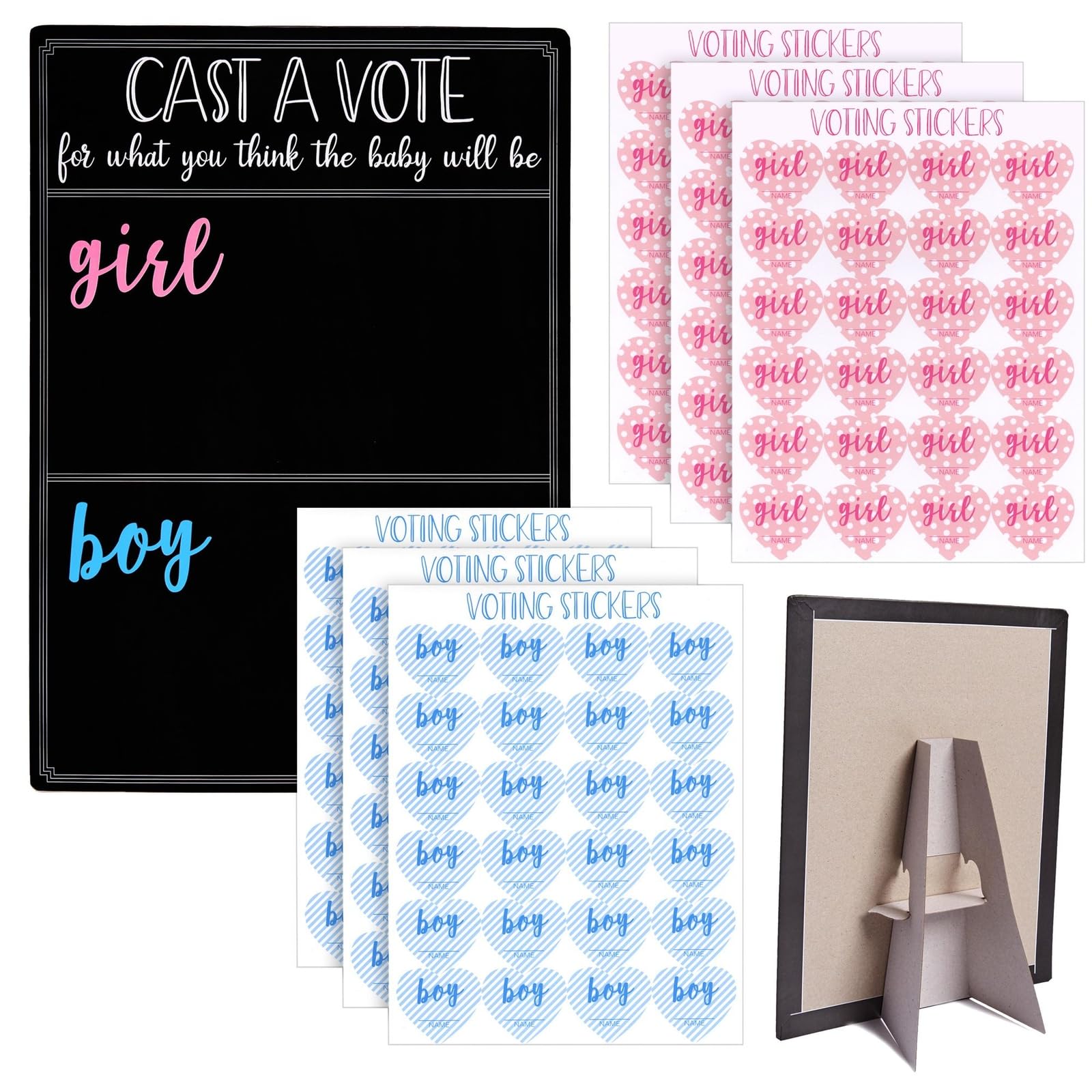 Photo 1 of Juvale Baby Shower Decorations Gender Reveal Voting Board & Boy or Girl Guessing Board - Black Chalkboard 12 x 17 in - Baby Shower Game with 144 Pink & Blue Heart Voting Stickers