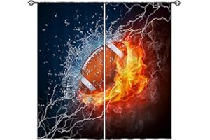 YUANZU Kids Football Curtains W42 x L63 Inch Rod Pocket Sports Water Fire Rugby Flame Thunder Lightning Print Pattern Privacy Fabric Window Drapes for Boys Bedroom Nursery Baby Playroom 2 Panels