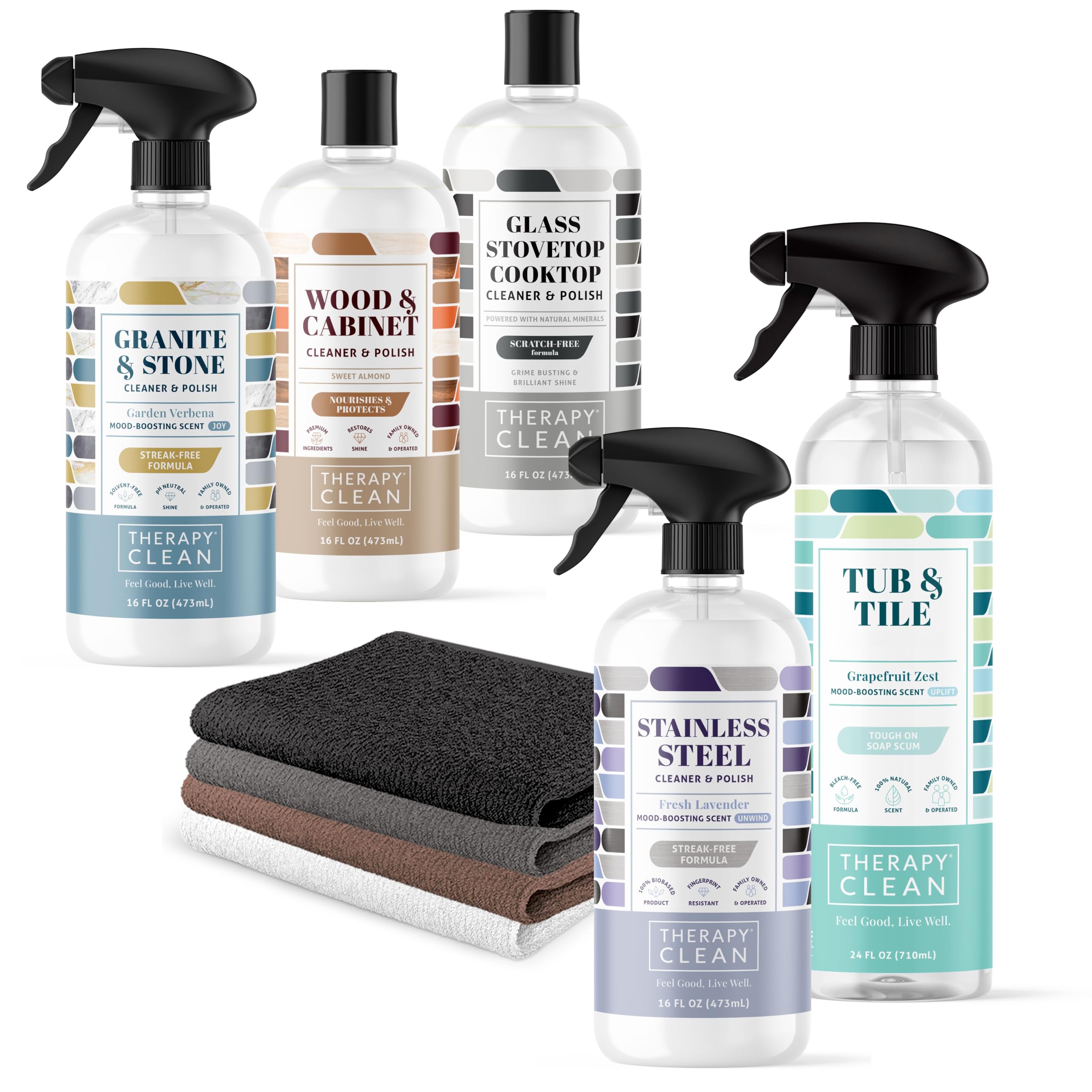 Therapy Clean Home Essentials Bundle - Cleaning Supplies Bundle Kit New Home - House Cleaning Kit - Household Gift Set - Stainless, Granite, Bathroom and Wood with Microfiber Cloths