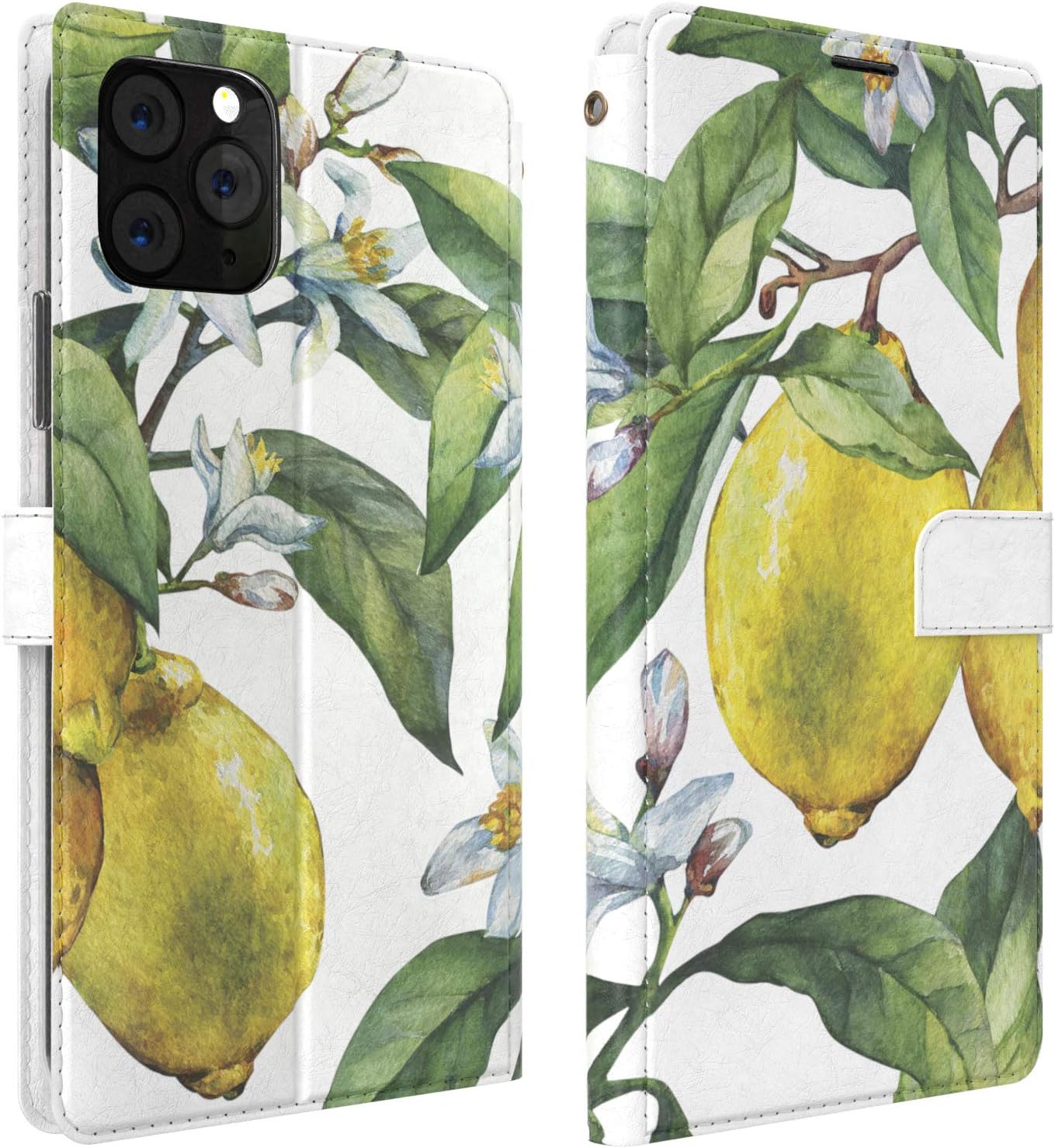 Mertak Wallet Case Compatible with iPhone 12 11 Pro Max SE Xr Xs X 8 Plus 7 6s Citrus Lemon Slim Fit Floral Tropical Yellow Lightweight Leaves Protective Tree PU Leather Magnetic Card Holder Cover