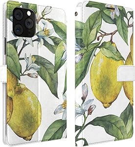 Mertak Wallet Case Compatible with iPhone 12 11 Pro Max SE Xr Xs X 8 Plus 7 6s Citrus Lemon Slim Fit Floral Tropical Yellow Lightweight Leaves Protective Tree PU Leather Magnetic Card Holder Cover