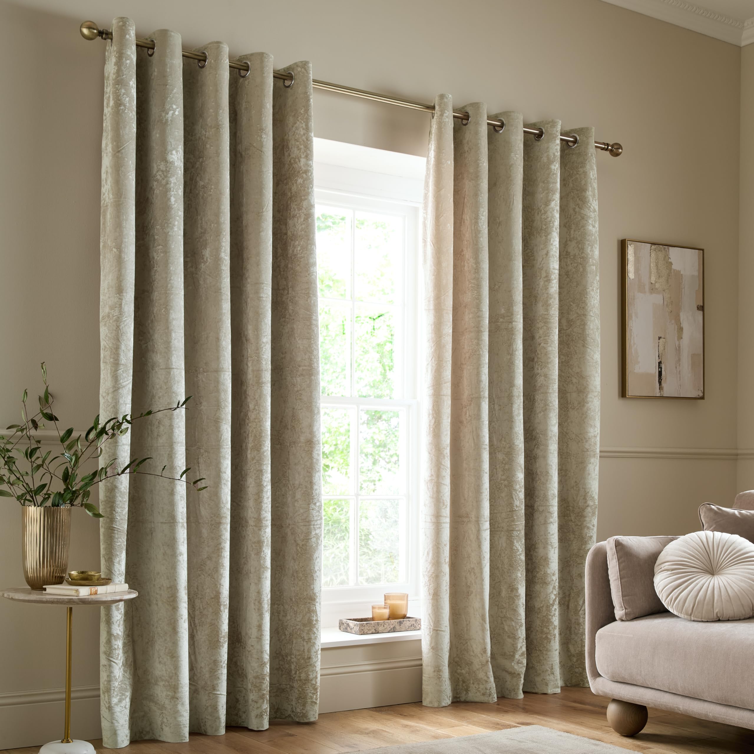 Catherine Lansfield Crushed Velvet 66x54 Inch Lined Eyelet Curtains Two Panels Natural