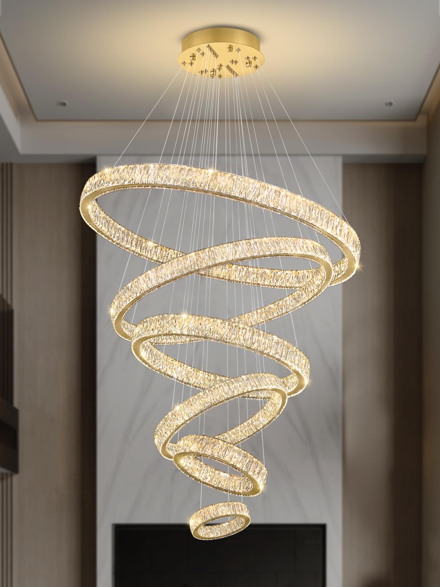 Photo 1 of ** NEW / NO RETURN ** IDEQUY Contemporary Extra Large Crystal Chandelier Modern 6 Ring LED Gold Ceiling Light Adjustable Stainless Steel Chandeliers D8+15.7"+23.6"+31.5"+39.4"+47.5"