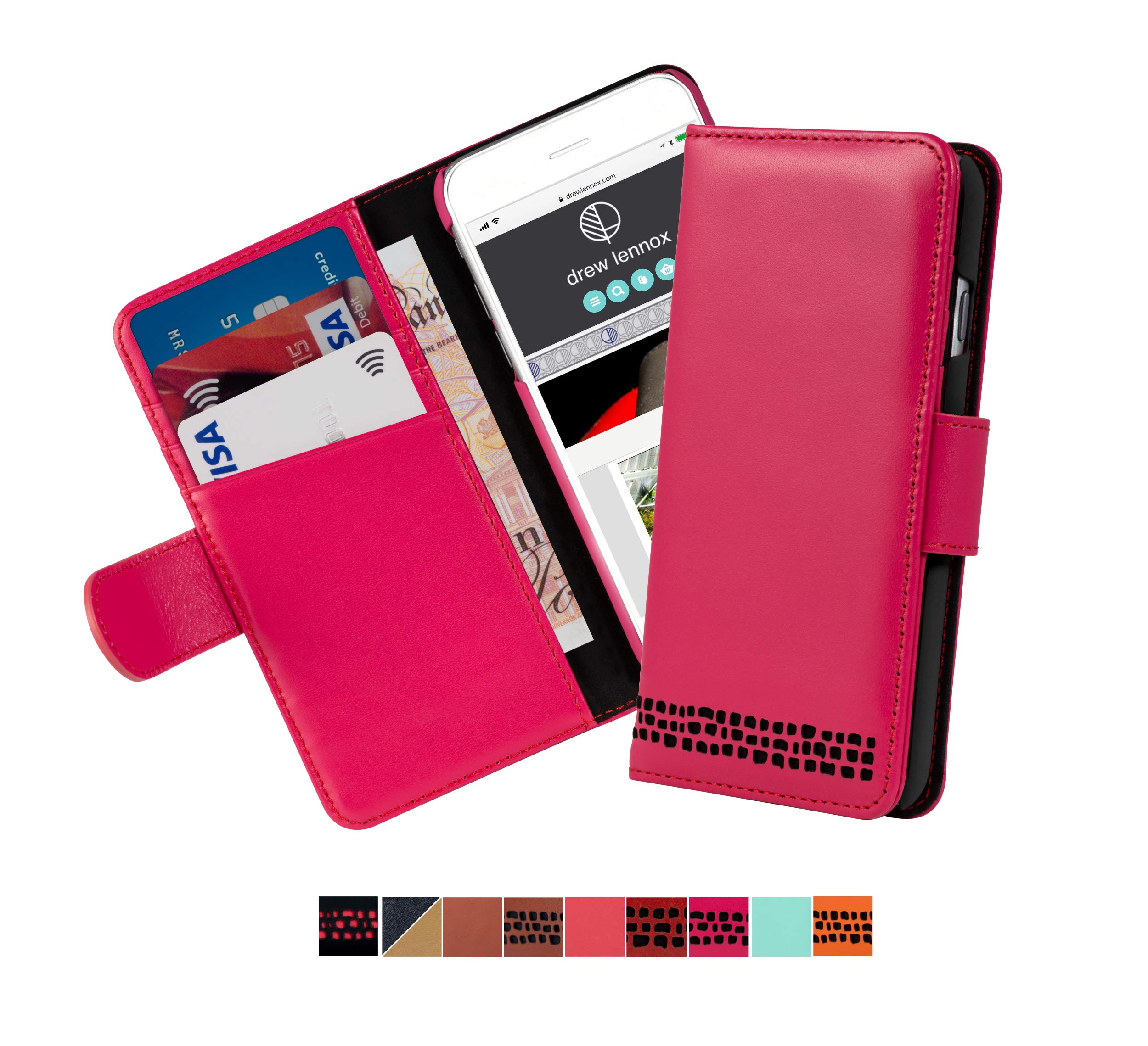 Ed Hicks Pink Leather Wallet Phone Case for iPhone SE 2022-2020-8-7— Premium Genuine Leather Flip Case with Card Holder Slots— Viewing Stand— Biodegradable Holder