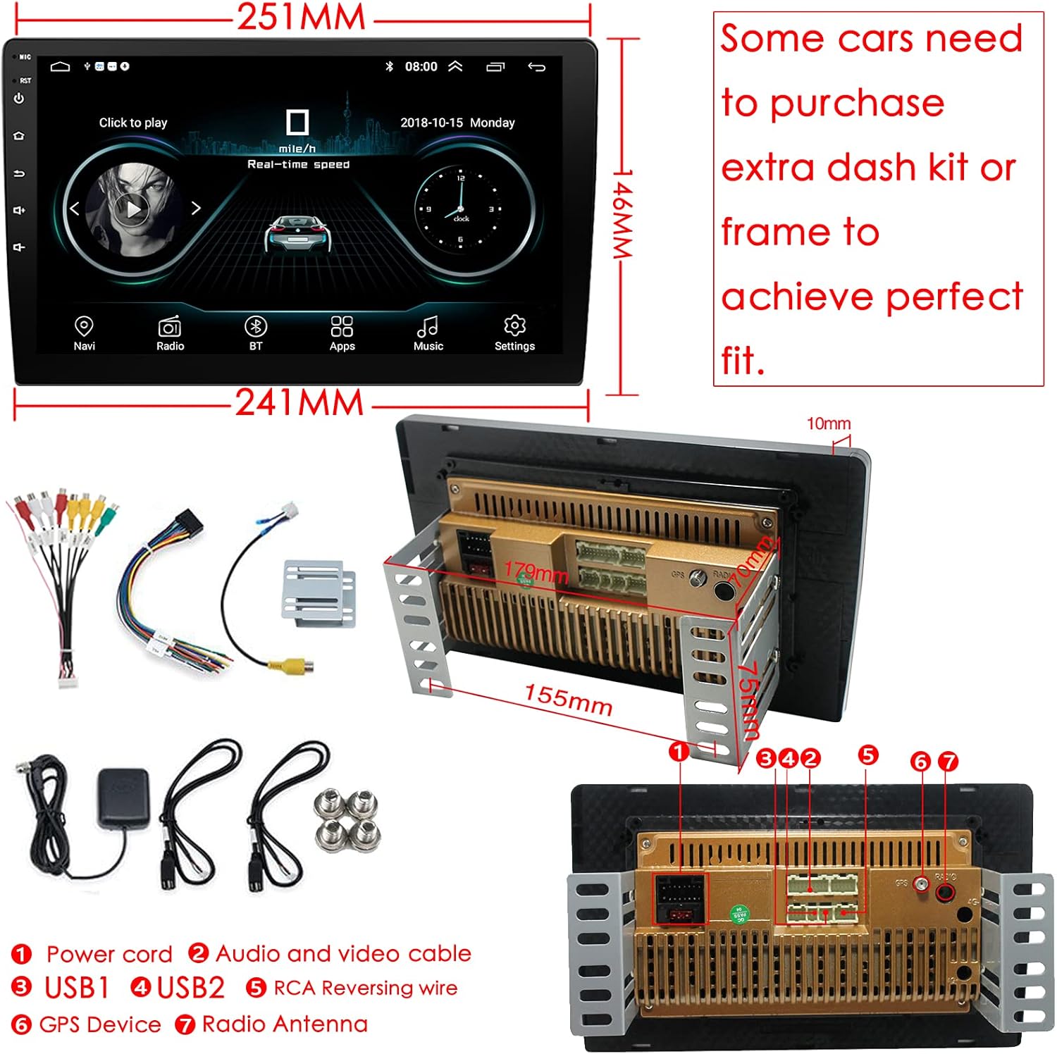 ZHNN Android 9.1 Car Stereo Radio 10 Inch Double Din Touchscreen Multimedia Player in-Dash Head Unit with GPS Navigation Receiver/Bluetooth/Support Mirror Link&Backup Camera Input/Dual USB: GPS & Navigation