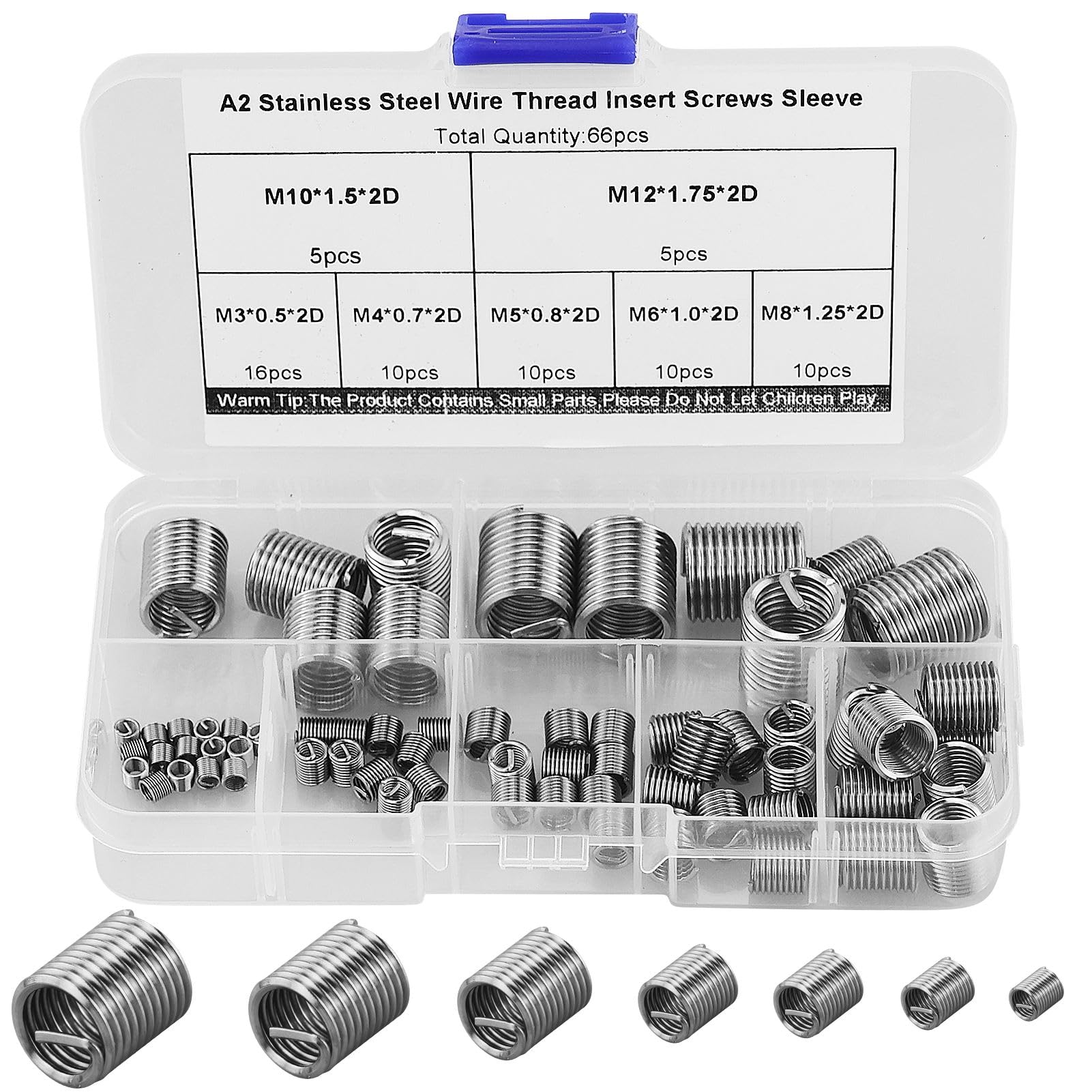 66 Pcs Self-Tapping Thread Inserts, Helicoil Thread Repair Insert, Thread Repair Kit, M3 M4 M5 M6 M8 M10 M12 Internal Thread Set for Metal Plastic Processing Industry