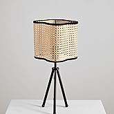 VidaLite Gal - Mid Century Bohemian Tripod Table Lamp with PVC Rattan Shade and Velvet Rim for Bed Dining, Kitchen, Living Ro