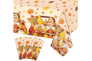 Oudain 3 Pcs 54×108 Inch Thanksgiving Tablecloth Fall Gnomes Pumpkin Theme Disposable Plastic Autumn Harvest Orange Maple Table Cover Rectangular Banner for Indoor Outdoor Carnival Party Decor
